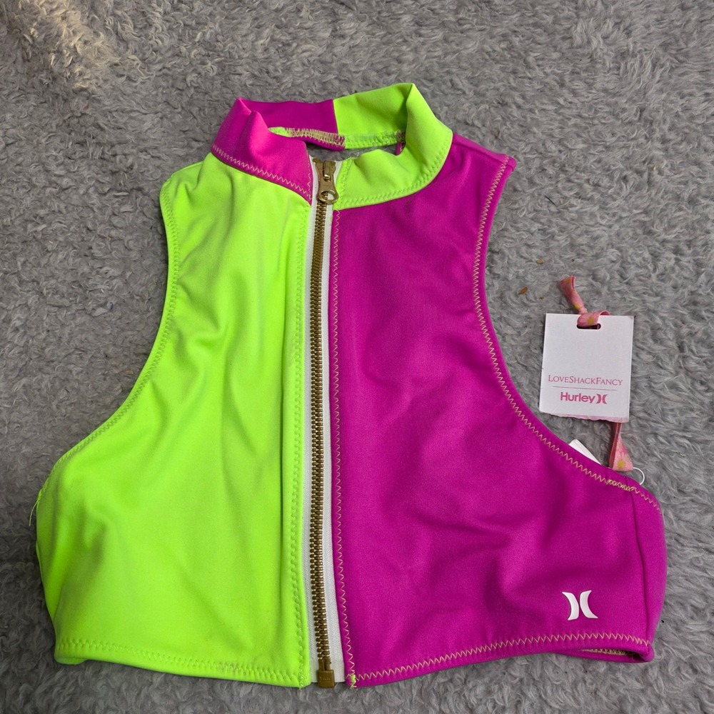 LoveShackFancy Hurley Swim Top Pink Green Colorblock Zip Front Womens‎ XS NWT